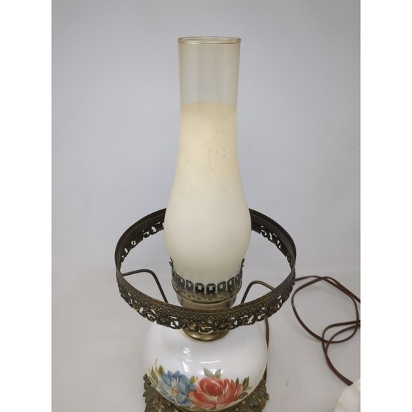 Gone With The Wind Floral Roses Globe Hurricane Table Lamp Milk Glass As-Is VTG - Picture 7 of 12
